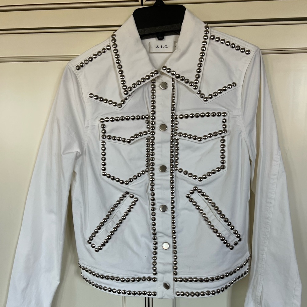 Perfect jacket for a rodeo! White denim A.C.L. Silver studded jacket